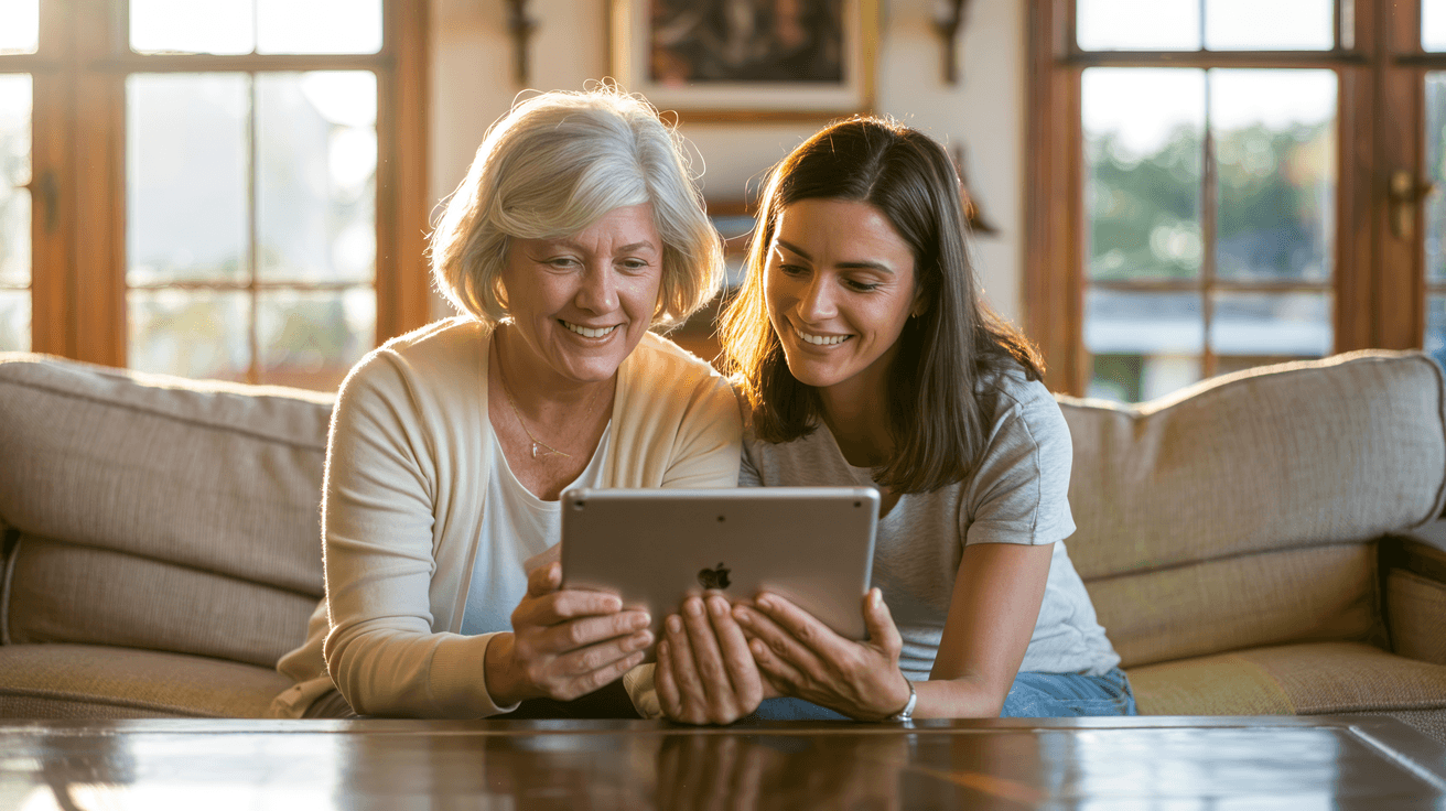 Silver-haired woman sharing tablet with family member