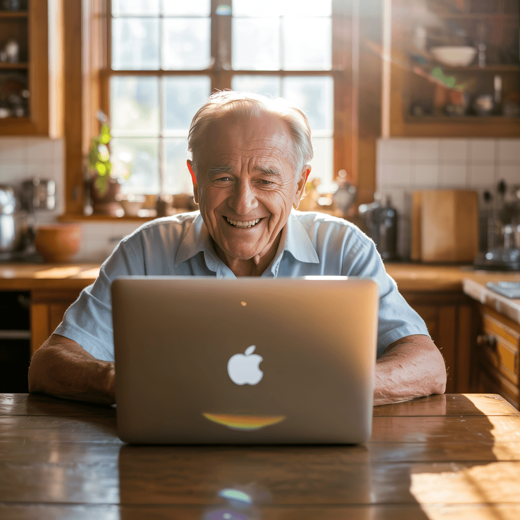 Elderly man smiling at laptop