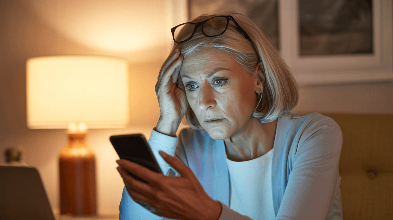 Concerned senior woman looking at smartphone