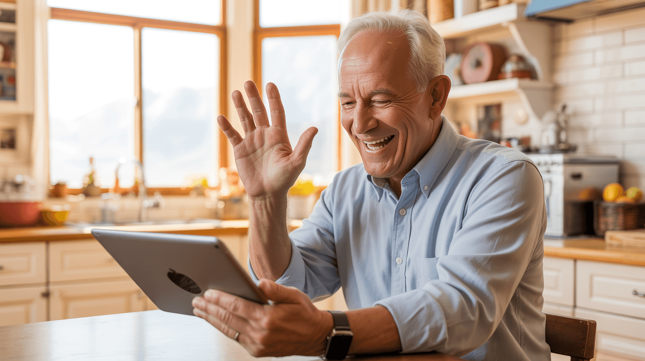 Happy senior waving at tablet during video call