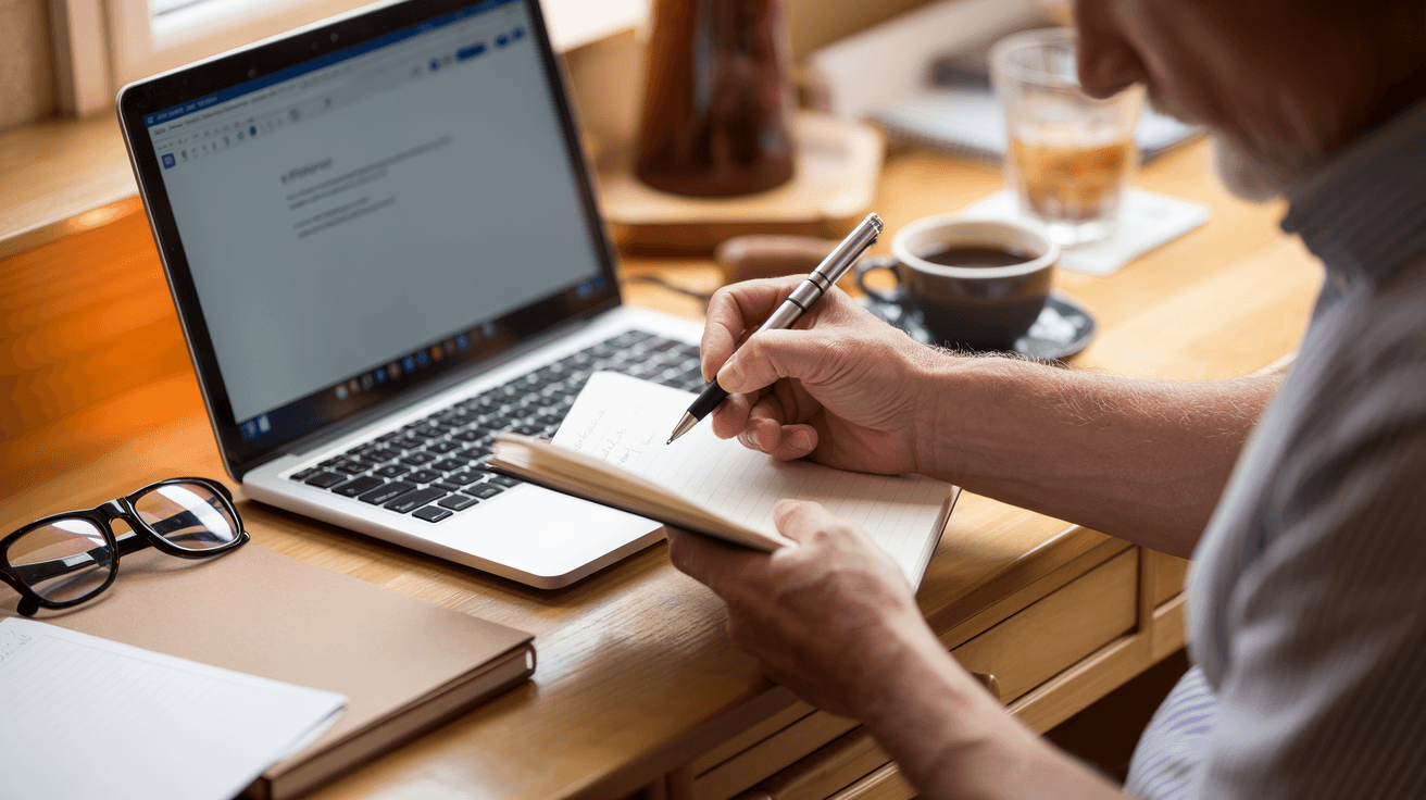 Senior man's hands writing notes beside a laptop